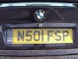 Normal plate (rear) with an unofficial, but permitted,<br>SCO band. SCO = Scotland. N = registered between<br>August 1995 and July 1996. SP = Dundee